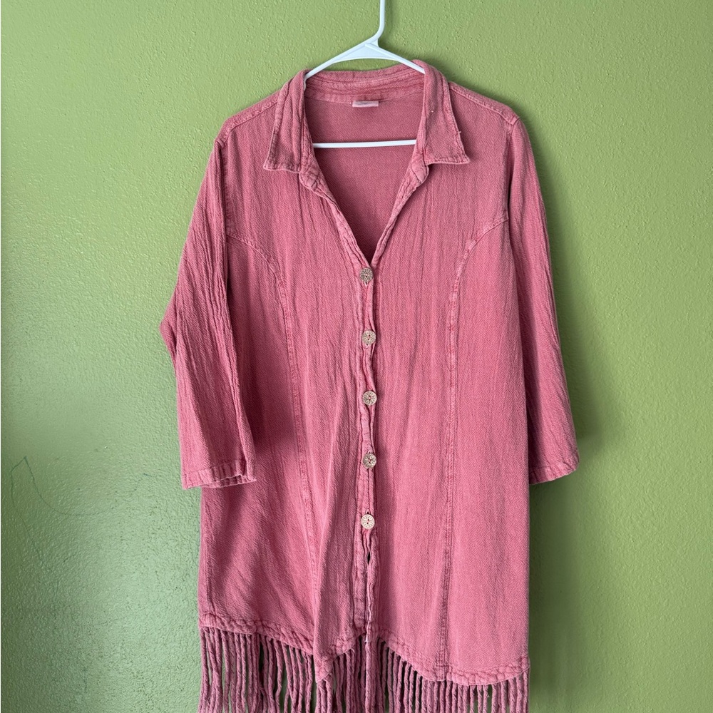Pink Button-Up Fringe Cardigan